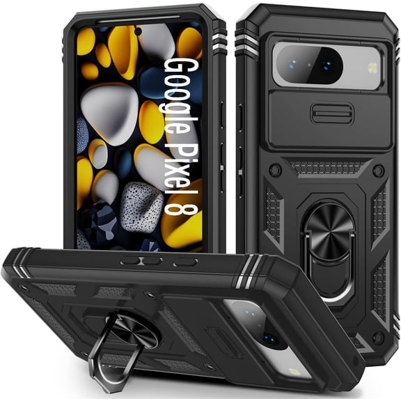 KOMI Case for Pixel 8, Slide Lens Protective Case Shockproof Impact Resistant with Kickstand Cover Case for Google Pixel 8 Black