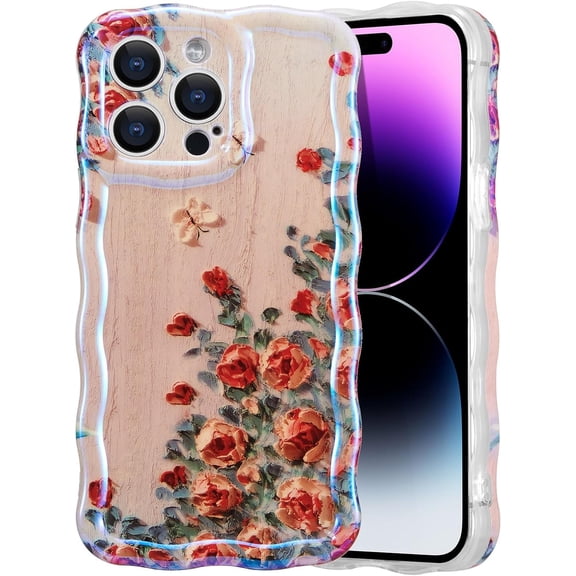 KOMI Case for iPhone 12 Pro Max, Colorful Retro Oil Painting Printed Flower Laser Glossy Pattern Cute Curly Wave Edge Exquisite Phone Cover Stylish Durable TPU Protective Case for Girls Women