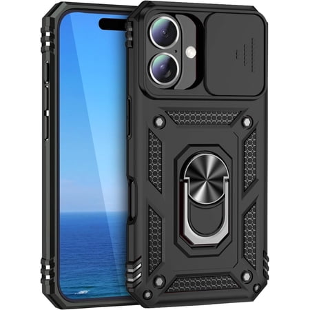 KOMI Case for iPhone 16 with Slide Camera Cover & Rotated Ring Kickstand Military Grade Shockproof Protective Cover iphone16 Phone case for Apple iPhone 16 Black