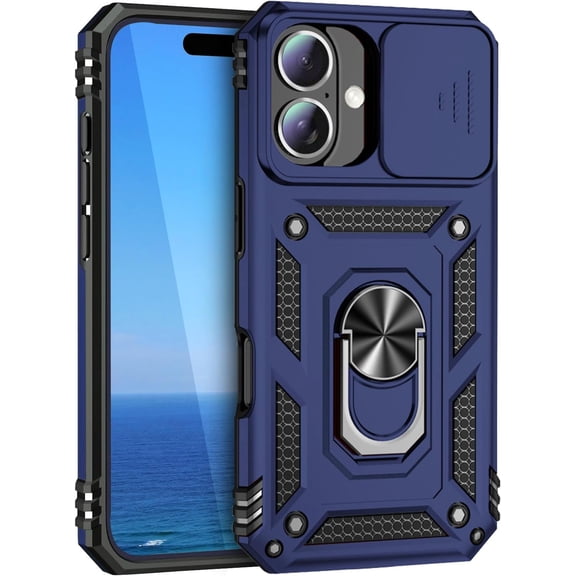KOMI Case for iPhone 16 with Slide Camera Cover & Rotated Ring Kickstand Military Grade Shockproof Protective Cover iphone16 Phone case for Apple iPhone 16 Blue