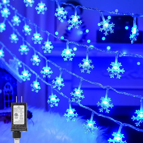 KOMI Christmas Snowflake String Lights, 100 LED 43 FT Plug in Fairy Light 8 Modes with Timer, Christmas Lights Waterproof Connectable for Indoor Outdoor Wedding Party Xmas Decor Blue