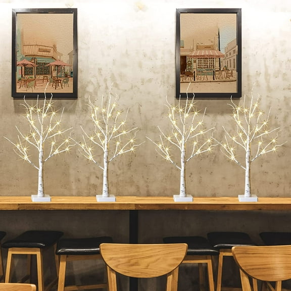 KOMI Christmas Tree for Home Decor, 2 FT Tabletop Tree with LED Lights, White Birch Tree with Lights, Fairy Light Tree for Room Inside Fireplace Christmas Decorations, Battery Powered, Timer (4PK)
