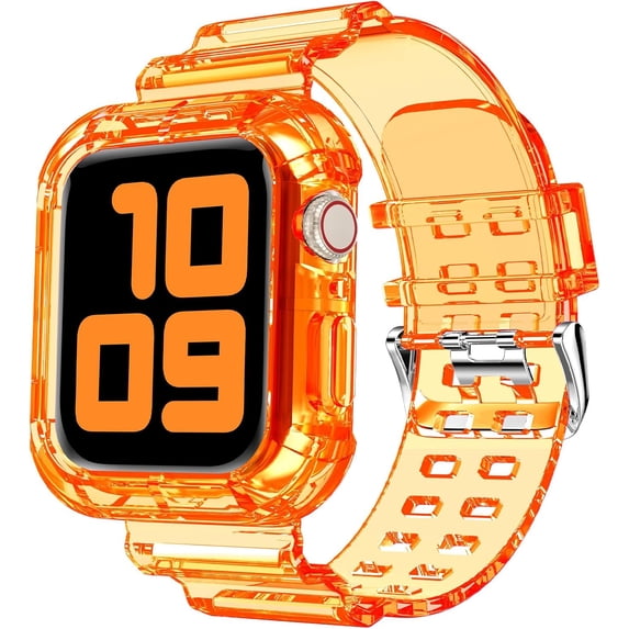 KOMI Compatible for Clear Apple Watch Band 41mm 40mm 38mm 42mm 44m 45mm 49mm with Case, Women Glitter Bling Sport Strap for iWatch Band Ultra 2/1 Series 9 8 7 6/SE 5 4 3 2 1, Neon Orange
