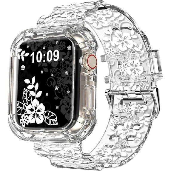 KOMI Compatible for Clear Apple Watch Band 41mm 40mm 38mm 42mm 44m 45mm 49mm with Case, Women Glitter Bling Sport Strap for iWatch Band Ultra 2/1 Series 9 8 7 6/SE 5 4 3 2 1, Lace Flower