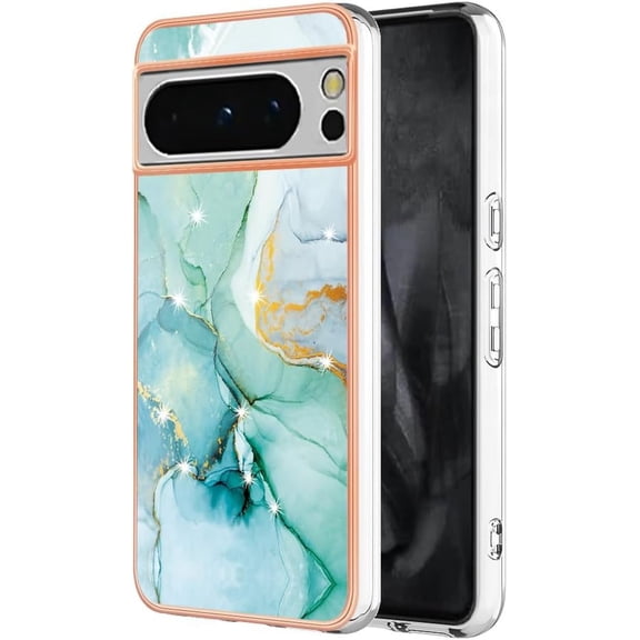 KOMI Compatible with Google Pixel 8 Pro Case, Pixel 8 Pro Case Ultra Slim Marble Luxury for Women Glossy Rubber Durable Shockproof Protective Phone Case for Google Pixel 8 Pro Marble Green