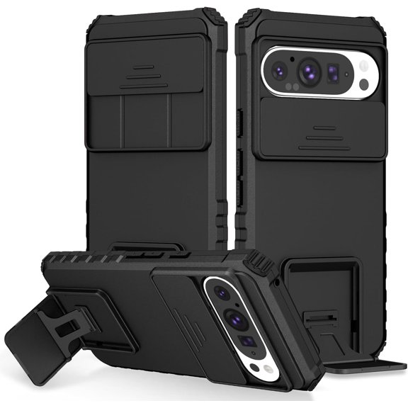 KOMI Compatible with Google Pixel 9/Pixel 9 Pro Case, Built in Slide Camera Lens Cover, Invisible Kickstand,Shockproof Full Body Protective Phone Cover (Black)