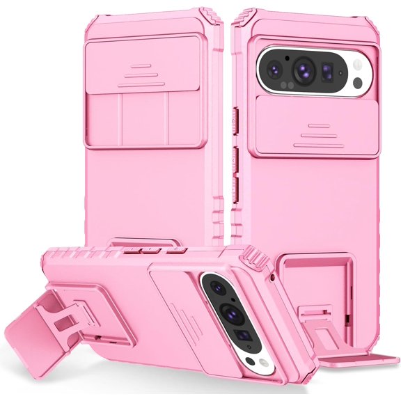 KOMI Compatible with Google Pixel 9/Pixel 9 Pro Case, Built in Slide Camera Lens Cover, Invisible Kickstand,Shockproof Full Body Protective Phone Cover (Pink)