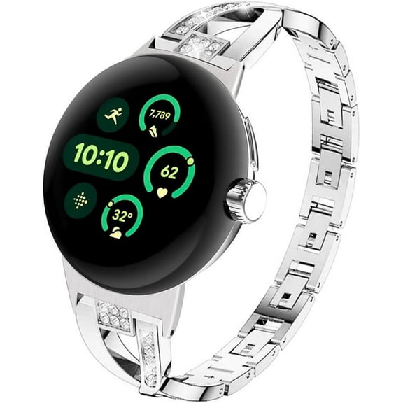 KOMI Compatible Google Pixel Watch Band - Women's Metal Replacement Chain Bling Jewelry Bracelet Rhinestone Strap Wristband for Pixel Watch 2/3 41mm Silver