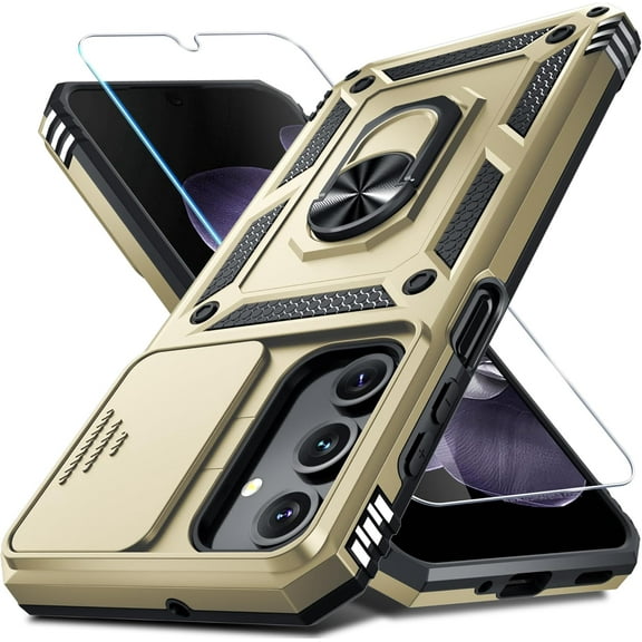 KOMI Compatible with Samsung Galaxy A16 5G Case Built in Slide Camera Lens Cover+Screen Protector+Finger Ring Holder Kickstand,Heavy Duty Shockproof Full Body Phone Cover,2025 Gold