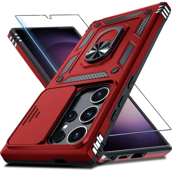 KOMI Compatible with Samsung Galaxy S24 Ultra Case Built in Slide Camera Lens Cover+Screen Protector+Finger Ring Holder Kickstand,Heavy Duty Shockproof Full Body Phone Cover,2024 Red