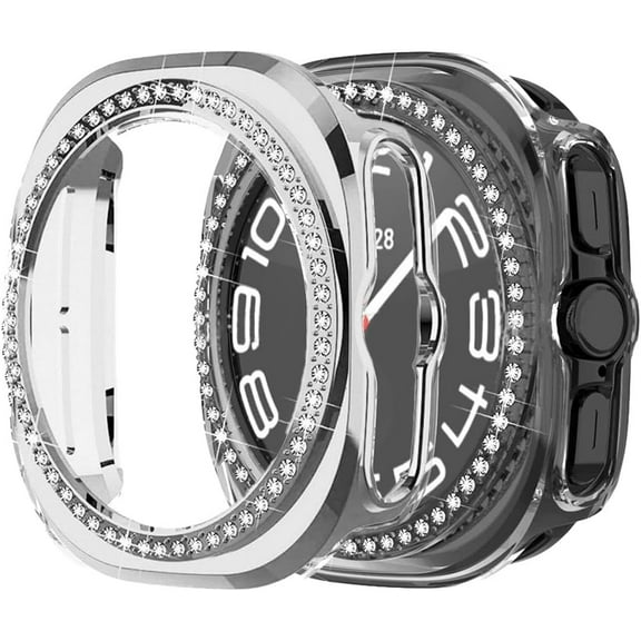 KOMI Compatible with Samsung Galaxy Watch Ultra 47mm LTE Bling Diamond Case PC Bumper Protective Cases Women Girls Crystal Shining Rhinestone Cases Smartwatch Accessories Case (Clear Silver, 47mm)