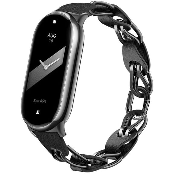 KOMI Compatible for Xiaomi Mi Band 8 Band,Replacement Strap Openwork Design Stainless Steel Ring Leather Chain Belt Mi band 8 Belt Breathable Elegant Replacement Band for Ladies Black