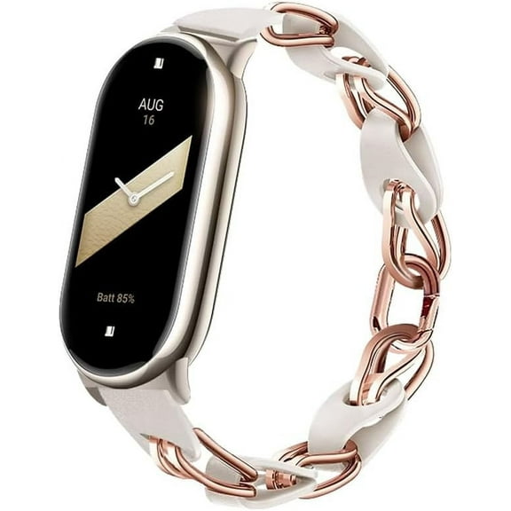 KOMI Compatible for Xiaomi Mi Band 8 Band,Replacement Strap Openwork Design Stainless Steel Ring Leather Chain Belt Mi band 8 Belt Breathable Elegant Replacement Band for Ladies