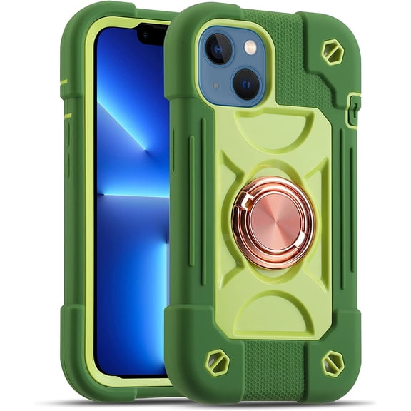 KOMI Compatible with iPhone 15 Case 6.1 Inch with Built-in 360°Rotating Ring Stand, Military Grade Drop Protection Full Body Rugged Heavy Duty Protective Cover Avocado