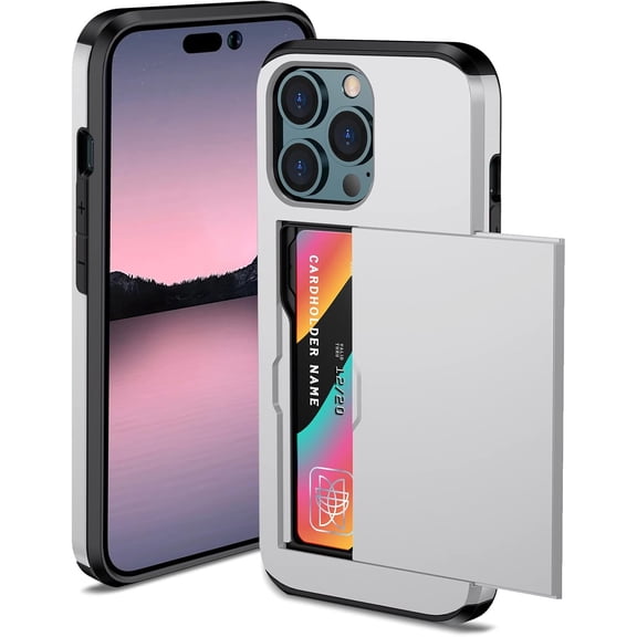 KOMI Compatible with iPhone 15 Pro Max Wallet Case with Credit Card Holder Hidden Card Slot Slim Shockproof Protective Hard Cover for Women Man, Silver