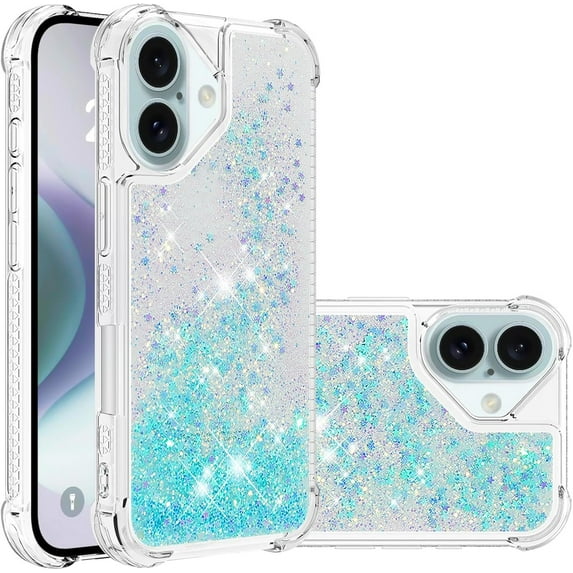 KOMI Compatible with iPhone 16 2024 Glitter Case Clear Flowing Liquid Quicksand Case Girly Women Sparkly Bling Soft TPU Protective Bumper Case for iPhone 16 6.1 inch. YBL Love Light Blue