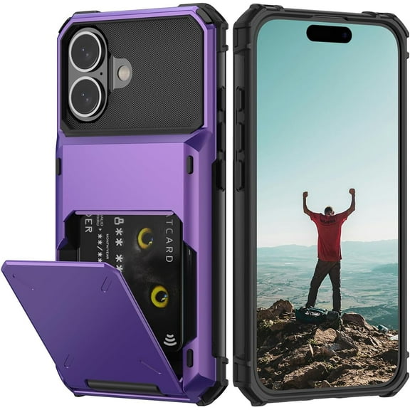 KOMI Compatible with iPhone 16 Case with Card Holder[Store 5 Cards] Dual Layer Heavy Duty Shockproof Wallet Case with Hidden Card Slot Large Storage Cover for Men&Women 6.1'' Purple-Larger Storage