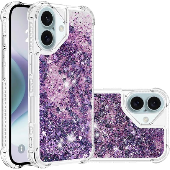 KOMI Compatible with iPhone 16 Plus 2024 Glitter Case Clear Flowing Liquid Quicksand Case Girly Women Sparkly Bling Soft TPU Protective Bumper Case for iPhone 16 Plus 6.7 inch. YBL Love Purple