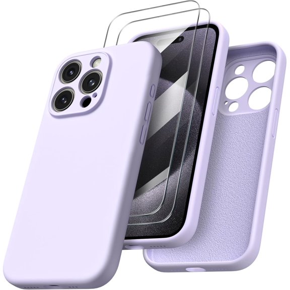 KOMI Compatible with iPhone 16 Pro Case with 2 x Screen Protector, Shockproof Liquid Silicone Cover, Drop Protection Phone Case for iPhone 16 Pro, Pastel Lilac