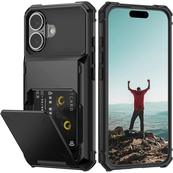KOMI Compatible with iPhone 16 Pro Case with Card Holder[Store 5 Cards] Dual Layer Heavy Duty Shockproof Wallet Case with Hidden Card Slot Large Storage Cover for Men&Women 6.3'' Black-Larger Storage