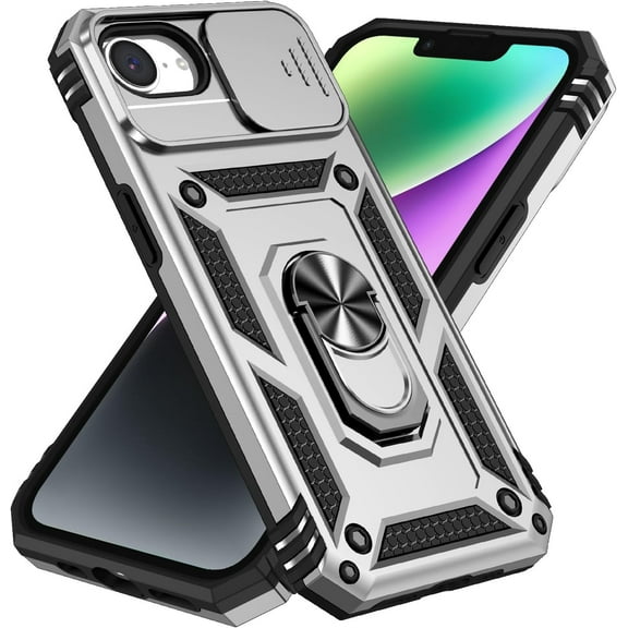 KOMI Compatible with iPhone 16e Back Case with TPU Bumper 360 Degrees Metal Ring Stand Heavy Duty Military Grade Protection Hybrid Shockproof Case for iPhone 16e 6.1'' Silver