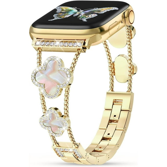 KOMI Cute Clover Band Compatible with Apple Watch Bands for Women 40mm 41mm 38mm Series 9 Ultra SE 8 7 6 5 4 3 2 1, Luxury Sparkle Diamond Replacement Bracelet Wristband for iWatch