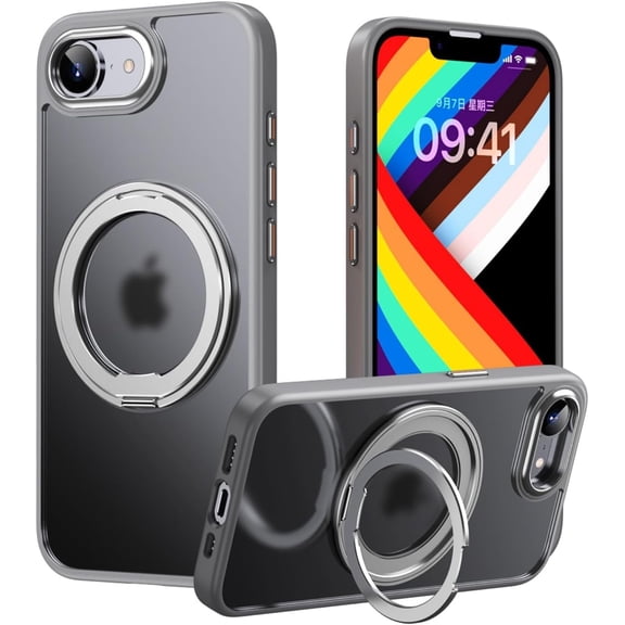 KOMI Designed for iPhone 16e Case, 360°Rotatable Ring Stand Case Compatible with MagSafe Military-Grade Protection Magnetic Kickstand Case 6.1 inch-Grey