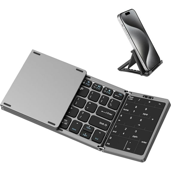 KOMI Foldable Bluetooth Keyboard, Folding Wireless Portable Keyboard with Touchpad & Number Pad, Multi-Device Rechargeable Travel Keyboard for Windows iOS Android Tablet/Smartphone/Laptop/PC, Gray