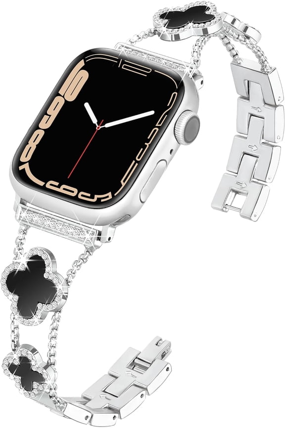 Four-Leaf Clover Band for Apple Watch Band 41mm 40mm 38mm, Lightweight for Women, Easy Adjustable Bracelet, Shiny Diamond Jewelry Metal Strap for iWatch Series 9 8 7 6 5 4 3 2 1 SE (Silver)