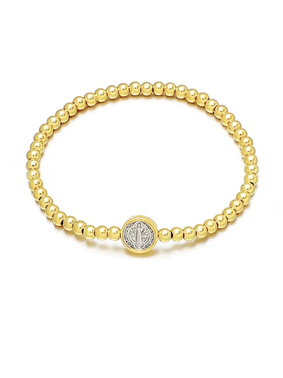 Gold Bracelets for Women 14K Gold-plated Beaded St Benedict Medal Religious Stretch Stackable Bracelet Jewelry Catholic Confirmation Gifts