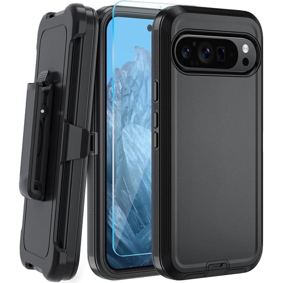 KOMI for Google Pixel 8 Case, with HD Tempered Glass Screen Protector, Heavy Duty Shockproof Drop Protective Rugged Tough Durable Phone Cover with Belt Clip-Black