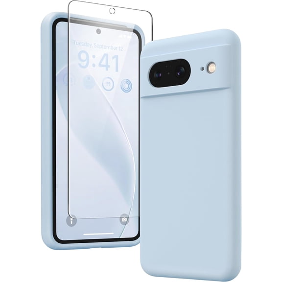 KOMI for Google Pixel 8 Case, Liquid Silicone Case with 2X Screen Protectors, Full Body Protective Cover, Shockproof, Slim Phone Case, Anti-Scratch Soft Microfiber Lining 6.2", Blue