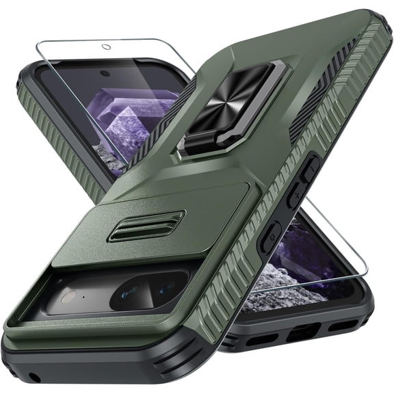 KOMI for Google Pixel 8A Case with Tempered Glass Screen Protector and Camera Lens Cover,Rotated Ring Stable Kickstand,Heavy Duty Shockproof Protective Phone Cover Alpine Green
