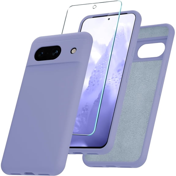 KOMI for Google Pixel 8a Case, Silicone Phone Case with 1 Screen Protector, Soft Anti-Scratch Microfiber Lining, Full Body Shockproof Slim Cover Support Wireless Charging, Lavender Purple