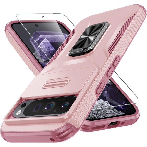 KOMI for Google Pixel 9/9 Pro Case with Tempered Glass Screen Protector and Camera Lens Cover,Rotated Ring Stable Kickstand,Heavy Duty Shockproof Protective Phone Cover-Pink