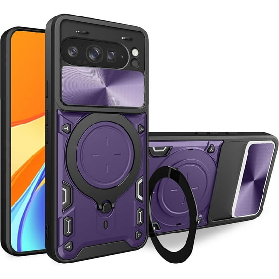 KOMI for Google Pixel 9 Pro XL Case with Metal Ring Stand & Slide Camera Cover for Pixel 9 Pro XL Phone Case Magnetic Military Grade Shockproof Heavy Duty Rugged Protective Cover (Purple)
