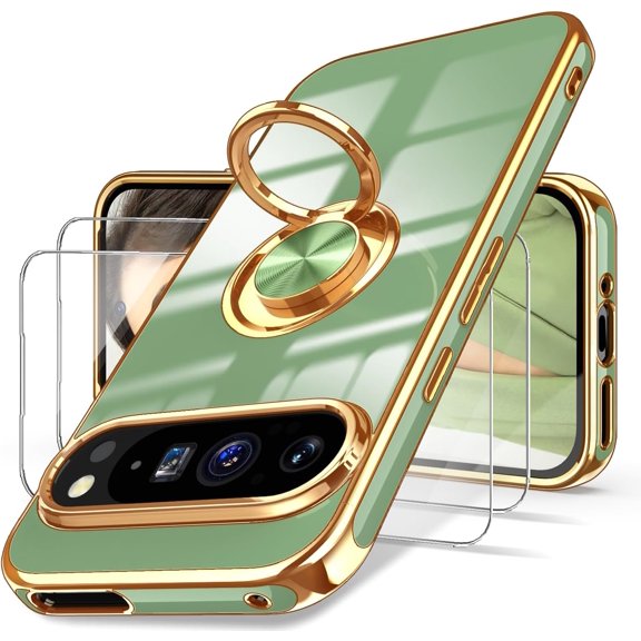 KOMI for Google Pixel 9 Pro XL Case,Pixel 9Pro XL Case with 2X Screen Protector, 360° Rotatable Ring Holder Magnetic Kickstand, Plated Gold Edge Slim Soft TPU Protective Cover for Google 9 Pro XL