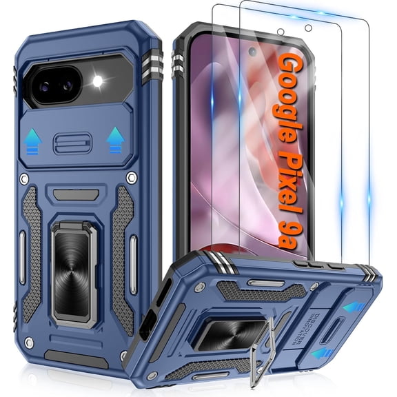 KOMI for Google Pixel 9A Case with [2 Pack] HD Screen Protector + Slide Camera Cover, 360° Rotation Ring Kickstand [Military Grade] Shockproof Protective Phone Cover for Pixel 9A Navy Blue