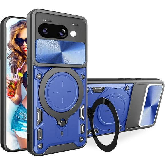 KOMI for Google Pixel 9a 6.3" Armor Case with Magnetic Ring Kickstand, Rugged Military Grade Shockproof Case with Slide Camera Lens Cover for Google Pixel 9a Blue