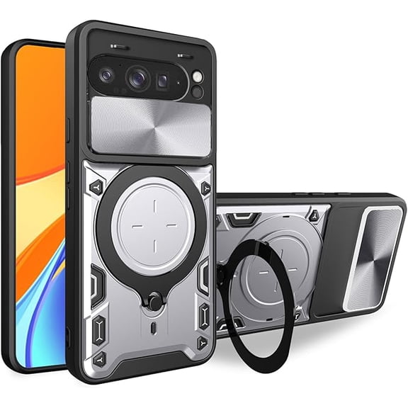 KOMI for Google Pixel 9a 6.3" Armor Case with Magnetic Ring Kickstand, Rugged Military Grade Shockproof Case with Slide Camera Lens Cover for Google Pixel 9a Silver