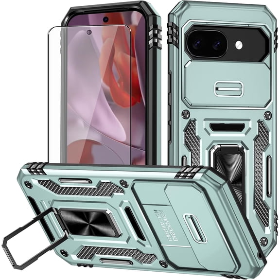 KOMI for Google Pixel 9a Case with Screen Protector and with Camera Cover, 360°Military Grade Rotatable Kickstand (Heavy Duty) Shockproof Protective, Case for Google Pixel 9a Dark Green