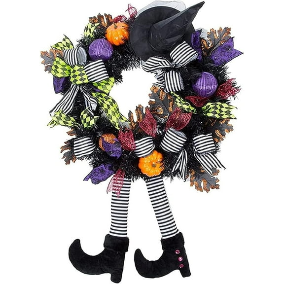 KOMI Halloween Wreath-Halloween Wreaths for Front Door-24 Inch Witch Halloween Wreath with Hat Witches Legsl Pumpkin, Halloween Decorations for Door,Porch,Window,Indoor and Outdoor Decor