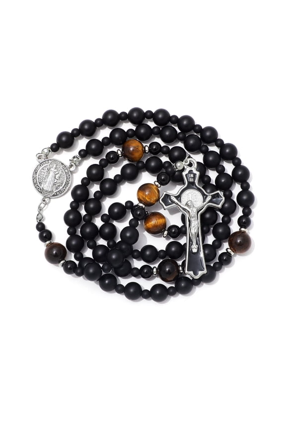 Handmade Black Rosary Beads Catholic Necklace for Men St Benedict Medal Christian Gifts