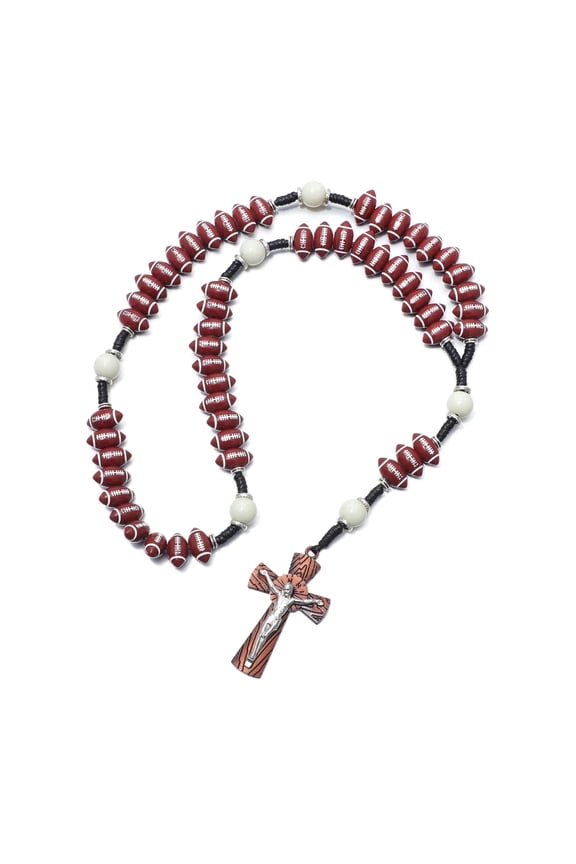 Handmade 10mm Football Sport Rosary Necklace for Men Christian Catholic Gifts for Athlete