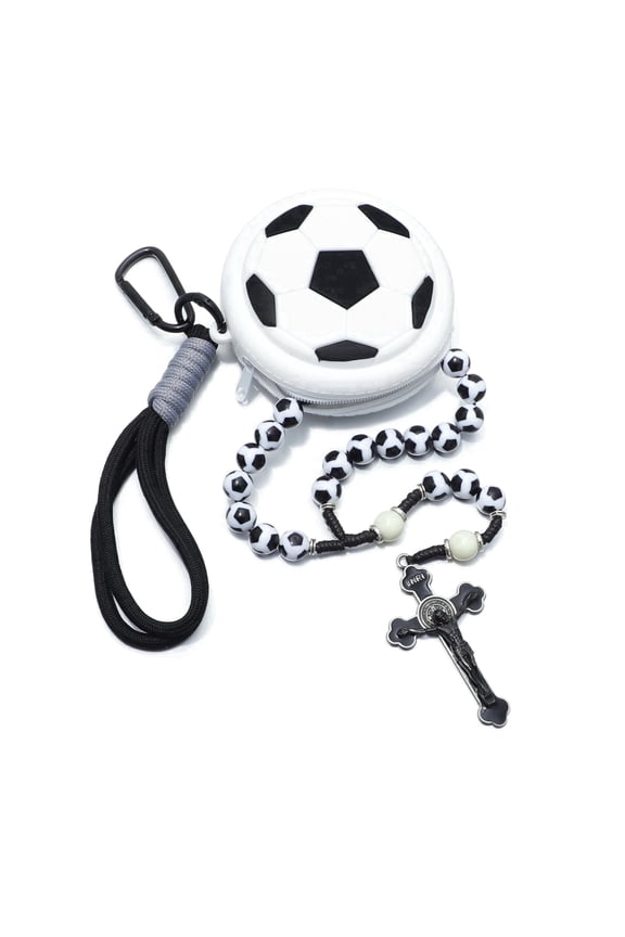 10mm Handmade Soccer Sport Rosary Necklace for Men Christian Catholic Gifts for Athlete with Rosary Bag
