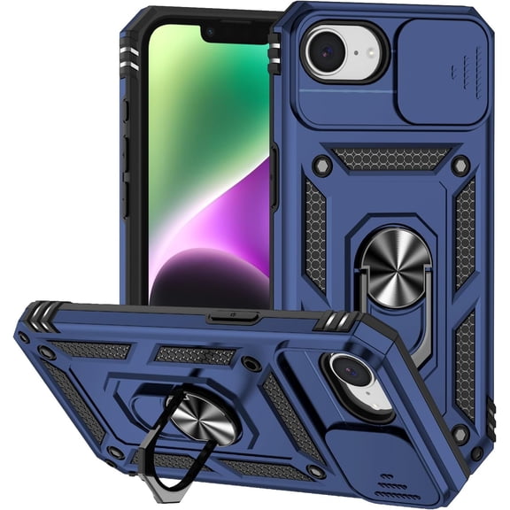 KOMI Heavy Duty Magnetic Case for iPhone 16e (2025) - Rugged Military-Grade Protection with Slide Camera Cover, Ring Holder, and Kickstand, Silicone & PC Hybrid Cover (Blue)