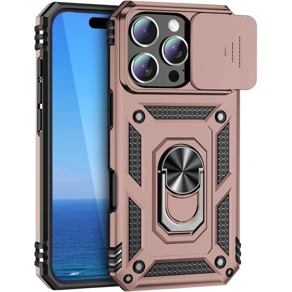 KOMI Kickstand Case for iPhone 16 Pro, iPhone 16 Pro Case with Slide Lens Cover & Built-in 360° Rotate Ring Stand Magnetic Magnet Protective 16Pro Phone Cover Case for iPhone 16 Pro Rose Gold