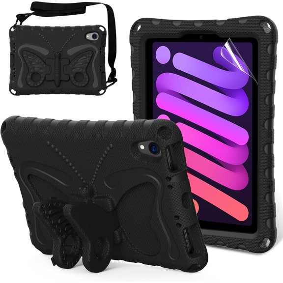 KOMI Kids Case for iPad Mini 6th Generation 2021 8.3-inch - Screen Protector Included - Butterfly Kickstand - Child Friendly EVA Foam Shockproof Cover Case with Shoulder Strap, Black