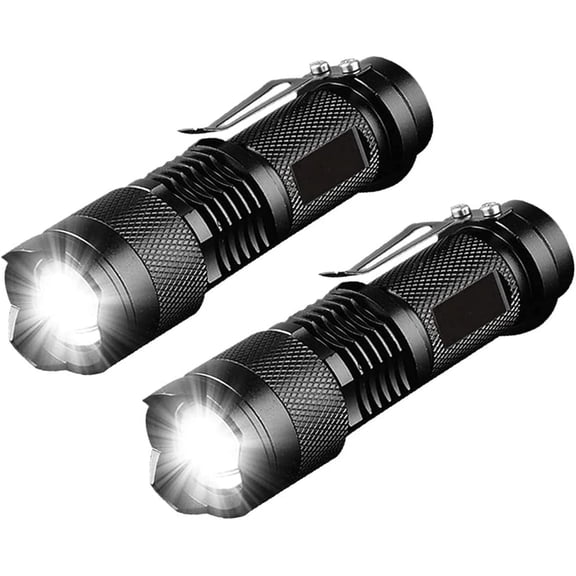 KOMI LED Torch,2 Packs of Mini LED Flashlights,Super Bright 350 Lumens 3 Modes Zoomable AA Battery Powered Torch Light with Clip for Fishing Camping Outdoors(Battery No Included)