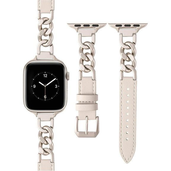 KOMI Leather Band Compatible with Apple Watch Band 41mm 40mm 38mm 49mm 45mm 44mm 42mm Women, Fancy Leather Strap + Stainless Steel Cowboy Chain Bracelet for iWatch 10/9/8/7/6/5/4/3/2/1/SE/Ultra 2